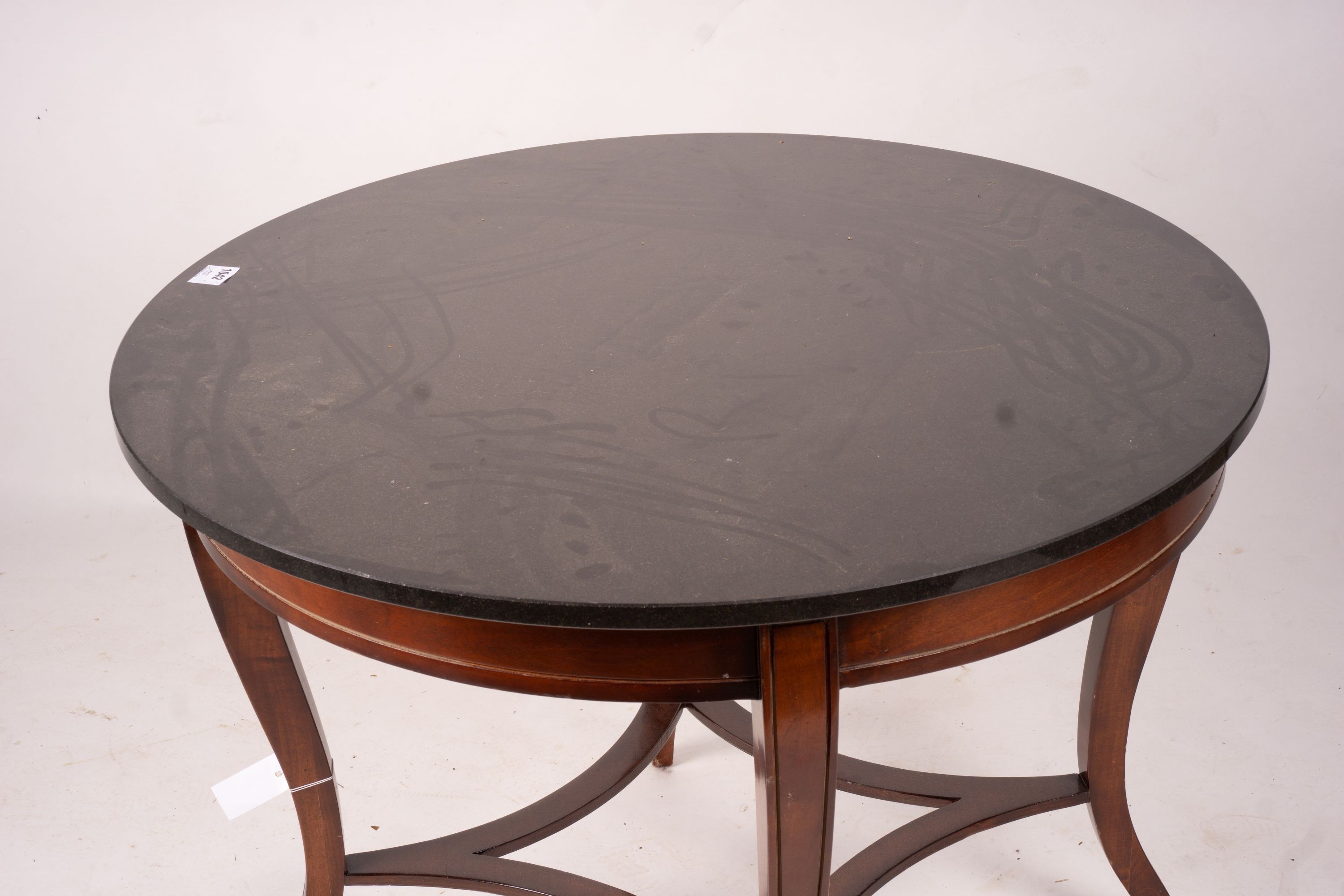 A reproduction French Empire style circular mahogany marble top centre table, diameter 96cm, height 73cm